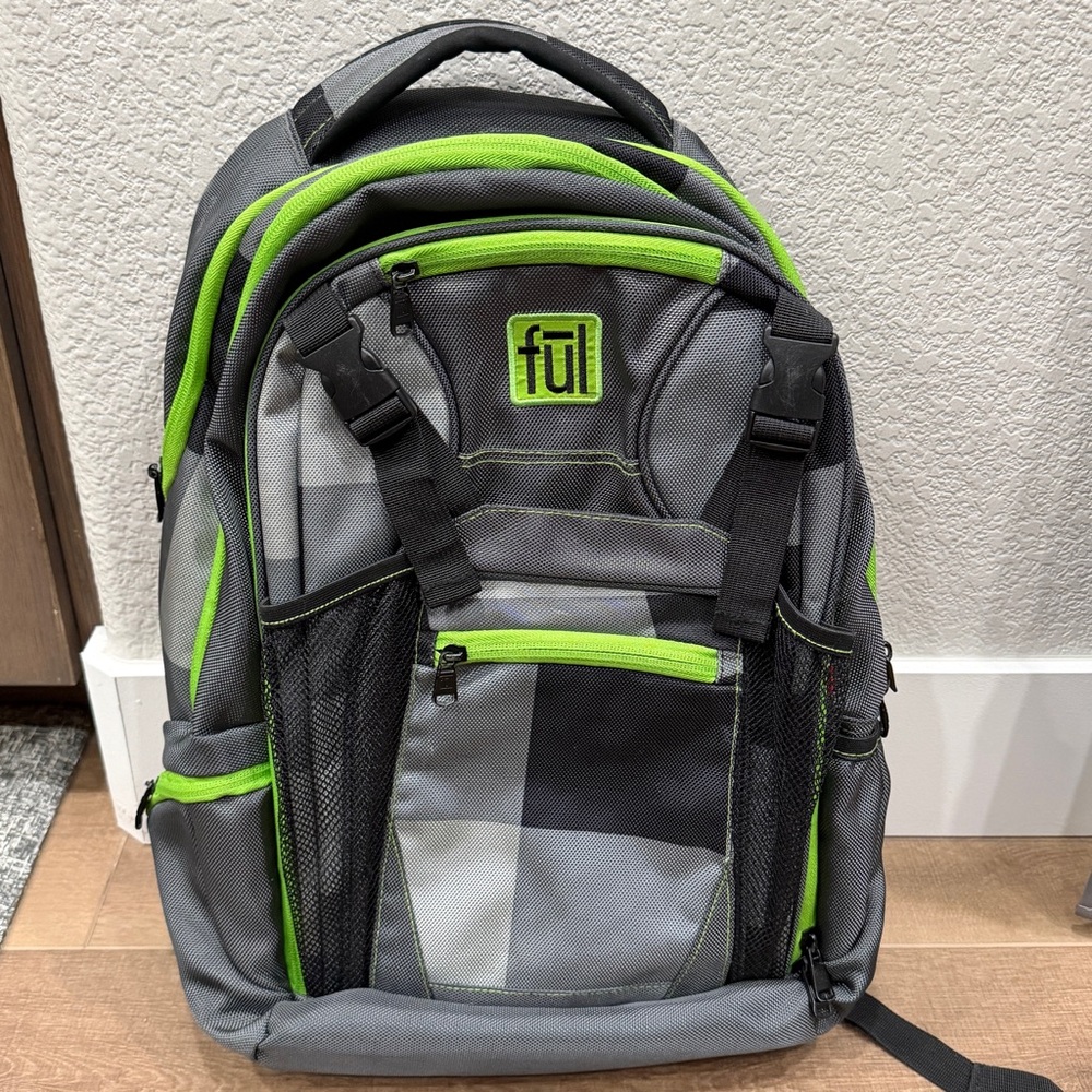 Ful Laptop Backpack Grey Lime Green Multi-Compartment Air Flow Panel Travel Bag - Picture 5 of 9
